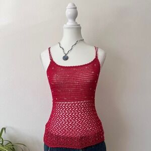 Vintage Festival Crochet Beaded Tank Top Womens Sz S Red fairycore rave